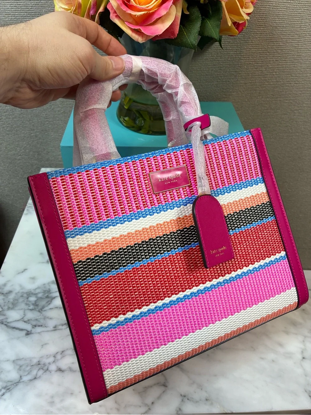Kate Spade Wild Raspberry Striped Woven Manhattan Satchel - NWT $398 Retail